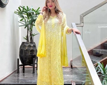 Summer Special Lukhnowi Butti jaal fancy mirror work Kurta sharara dupatta set Festivewear Outfit Asian Ethnic Wear Salwaar kameez UK
