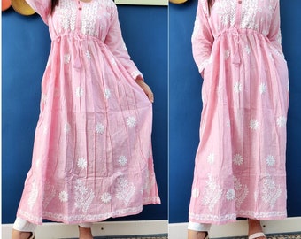 Lukhnowi/Chikankari long frock style Cotton kurti/Anarkali with White pant Asian Ethinic Party Festivewear Readytowear Diwali outfit gift UK