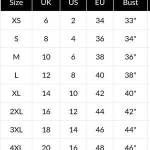May include: Size chart for clothing with measurements in US, UK, EU sizes and bust measurements in inches.