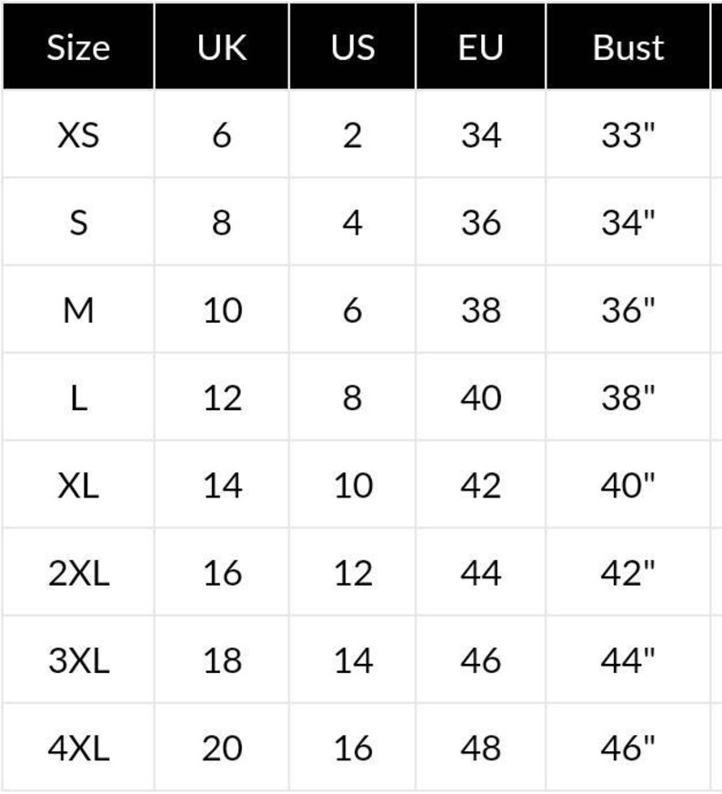 May include: Size chart for clothing with measurements in US, UK, EU sizes and bust measurements in inches.