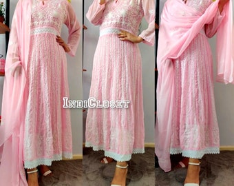 Summer Special Lucknowi Aari work Pink Anarkali long Kurti With Dupatta Embroided Designer Readymade Indian Ethnic Wear Summer Dress