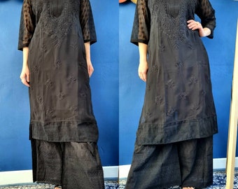 Black Hakooba work Chikankari Kurta Plazzo set Pakistani Indian Ethinic Office Wear Festivewear Salwaar Kameez Eid special