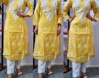 Yellow Kurta Pant set - Cotton Lucknowi Aariwork Readymade Pakistani Indian dress EthnicWear Festivewear officewear Pooja dress gift for her