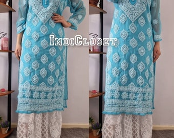Summer special Butta jaal Blue Kurta sharara set Chikankari Hand Embroidered Pakistani Indian Ethinic Wear Festivewear Salwaar Kameez Dress