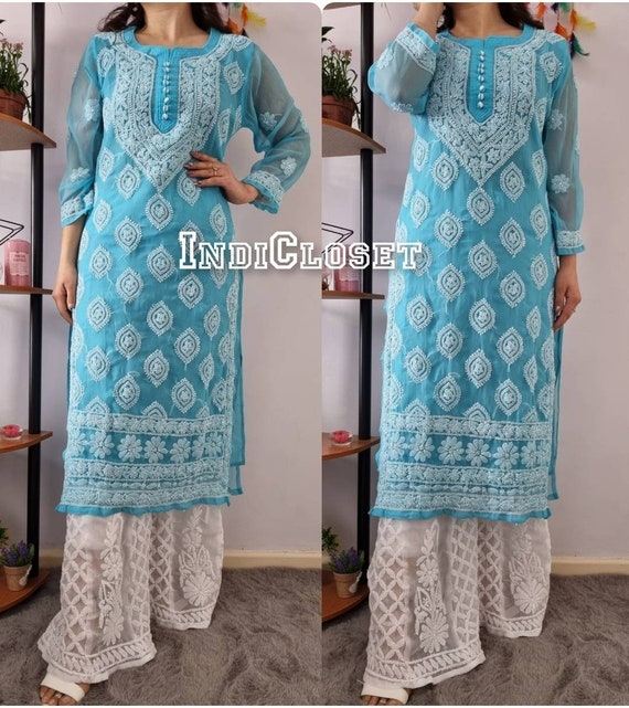 Summer special Butta jaal Blue Kurta sharara set Chikankari Hand Embroidered Pakistani Indian Ethinic Wear Festivewear Salwaar Kameez Dress