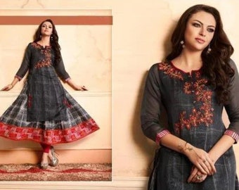 Mulmul cotton long kurti with jacket Festivewear Anarkali asian dress Ready to wear summer kurti gift for her Medium (38) UK 10 Sale
