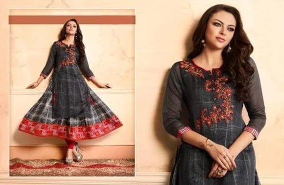 Mulmul cotton long kurti with jacket Festivewear Anarkali asian dress Ready to wear summer kurti gift for her Medium (38) UK 10 Sale