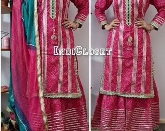 Teez special outfit pure Cotton Pink Bandhini Kurti Sharara suit with Gota work Pakistani Indian Ethinic Wear Festivewear Salwaar Kameez