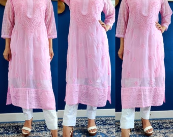 Hakoba lukhnowi/Chikankari Sheer Straight Kurti Pant set Pakistani Indian Ethinic Office Wear Festivewear Salwaar Kameez Eid Outfit gift