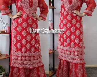 Red Lukhnowi Chikankari Kurti Hand Embroidered Kurti Sharara Set Indian Ethinic Festivewear Eid Special Dress UK