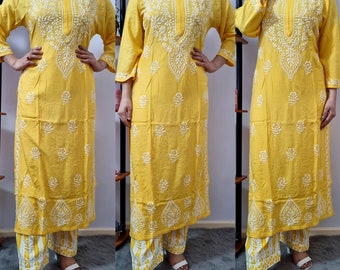 Rayon Kurti pant set Hand Embroided Lucknowi Chikankari Pakistani Indian dress Ethnic Wear Festivewear Salwaar Kameez Eid Special UK