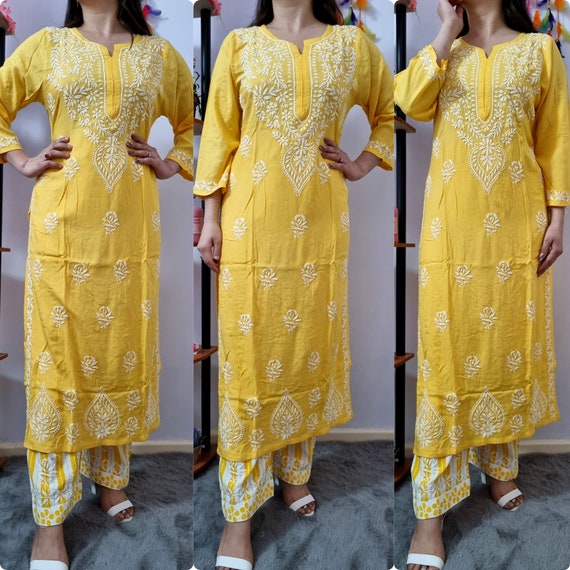 Rayon Kurti pant set Hand Embroided Lucknowi Chikankari Pakistani Indian dress Ethnic Wear Festivewear Salwaar Kameez Eid Special UK
