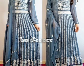 Summer Special Lucknowi Aari work grey Anarkali long Kurti With Dupatta Embroided Designer Readymade Indian Ethnic Wear Summer Dress free in