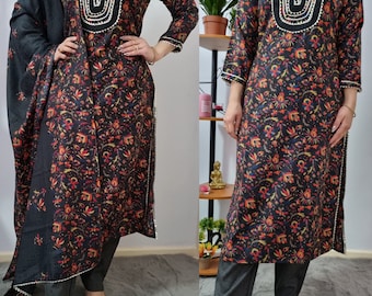 Pashmina Floral Kani Printed Winter wear salwar kameez suit with matching Shawl and Gota Detailing Pakistani Indian Ethinic Wear office wear