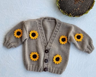 Hand-Knit Sunflower Crop Cardigan, Sunflower Cardigan for Kids, Knitted Cardigan for Girl, Knitted Kids Outfit, Handmade Crop Cardigan,