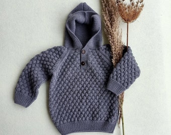 Hand Knitted Organic Cotton Kids Hooded Sweater, Hand Knitted Sweater for a Holiday Gift for Boys,  Hooded Cardigan Cotton Gift for Boys