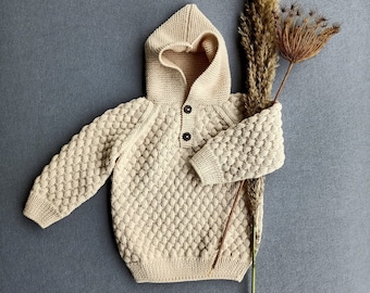 Hand Knitted Organic Cotton Kids Hooded Sweater, Knit Baby Cardigan, %100 Cotton Sweater for Baby, Knit Kids Cardigan, Handmade Girl Sweater