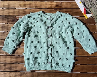 Hand Knit Popcorn Cardigan for Girl, Knitted Organic Cotton Kids Cardigan, Knit Boy Clothes, Popcorn Baby Cardigan, Toddler Popcorn Cardigan