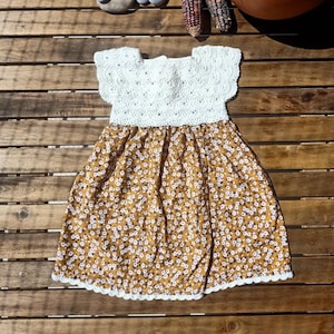 Spring Flowers Baby Girl Cotton Dress, Gift for Girl Dress, Crochet and Fabric Dress, Handmade Dress for Girl, Spring Colors Girls Dress.