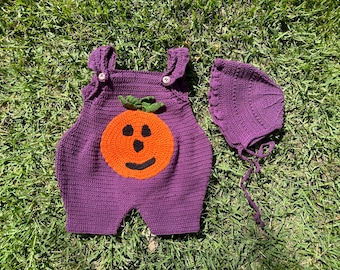 Disfraz de Halloween de algodón orgánico tejido a mano: disfraz de fantasma de calabaza morado