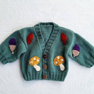 A Birthday Party Gift Mushroom Cardigan for Kids, Embroidered Mushroom Cardigan, Hand Knitted Nature Themed Crop Cardigan, Cardigan for Kids