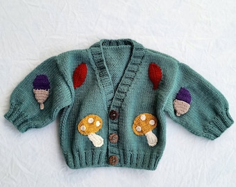 A Birthday Party Gift Mushroom Cardigan for Kids, Embroidered Mushroom Cardigan, Hand Knitted Nature Themed Crop Cardigan, Cardigan for Kids