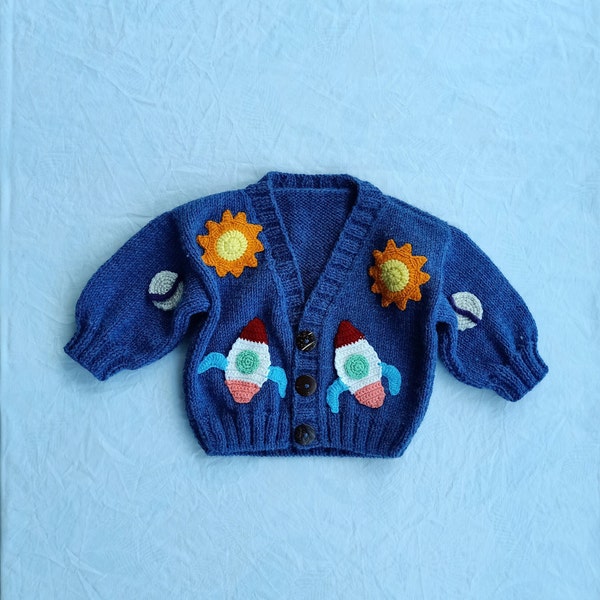 Knitted Space Themed Crop Cardigan, Knit Baby Cardigan, Sun Cardigan, Planet Cardigan, Knitted Kids Outfit, Crop Cardigan for Kids