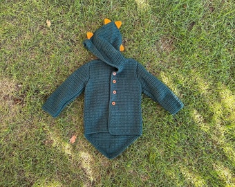 Handmade Kids Dinosaur Wool Cardigan, Fanciful Play Clothes for Kids, Prehistoric Themed Gift Kids Clothes, Dinosaur Inspired Kids Sweater