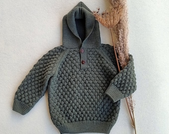 Knitted Baby Hooded Cardigan, Knit Baby Cardigan, %100 Cotton Baby Boy Cardigan, Boys Handmade Sweater, Gift for Kids Cardigan, Gift for Boy