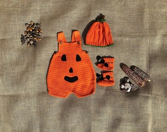 Halloween-kostuum met oranje pompoen-spookpatroon voor kinderen, halloween-outfit van biologisch katoen voor baby's, handgebreide Halloween-set voor kinderen