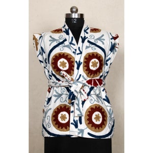 Indian handmade Embroidered Short coat with belt, floral print Suzanne jacket sleeveless coat, personalised gift multi colour jacket,