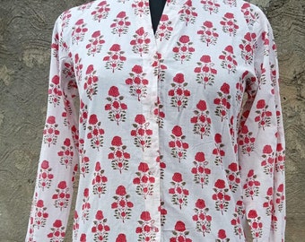 Hand Block Print Cotton Shirt,  Floral Tunic Top, Boho Kurti Shirt, Lightweight Summer wear.