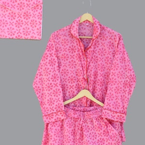 Indian hand block cotton pyjama set,pink floral print family night wear set, women Pyjama set, matching pj set, long pyjama set, bridal gift