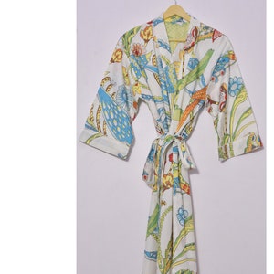 Ethnic Cotton Kimono Bathrobe Soft Kimono Summer Dress Robe Bathrobe Organic Cotton Shrug Gown Casual Bird Print Long Kimono Japanese Kimono