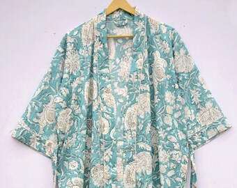 Indian Hand Block Print Cotton Kimono Robe/ women stylish Nightwear Robe, Bridal Robe, Comfy Japanese Kimono, bikini cover up/ Gift For her.