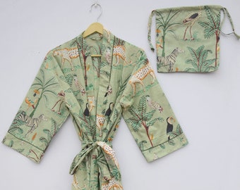 Green Tiger Jungle Print Cotton Robe , Summer Beach Wear Kimono Style Dress, Maxi Bridemaid Dressing Gown- Handmade Kimono CK-13