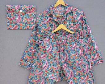 Conjunto de pijama 100 % algodón, elegante pijama suave con estampado floral para mujer, pijama de novia personalizado para estar en casa, conjunto largo de verano para la mañana.