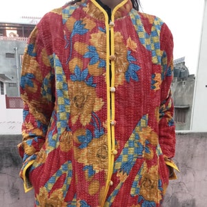 New Indian handmade kantha coat, woman reversible coat floral & long button jacket, kantha quilted jacket gift for her woman jacket on sale