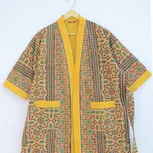 Block Print Quilted Bathrobe Kimono Dress,Bohomian Style Cotton Kantha Kimono , Gift For Her Ethnic Front Open Kantha Jacket, Cotton Bath