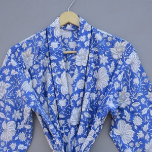 100% Cotton Kimono Blue Print Robe Dressing Gown,Hand Block Printed Bridesmaid Robe,Summer Nightwear,One Size organic print kimono on sale,