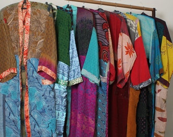 Kimono de seda multicolor: bata de baño de tela sari