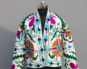 Handmade Suzani Embroidered Short Jacket: Boho Kimono Coat