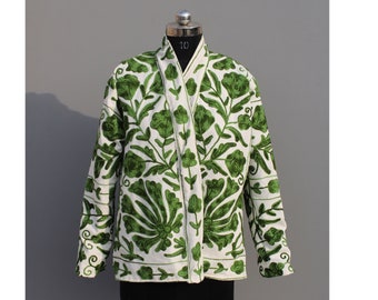 Green Suzani Embroidered Short Jacket: Bohemian Kantha Coat