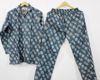 Pijama de algodón con estampado a mano: ropa de dormir de verano india