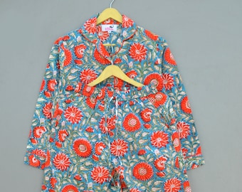 Conjunto de pijama largo de algodón indio hecho a mano, conjunto de pijama de noche personalizado para novia, regalo de boda, conjunto de pijama cómodo para la mañana, regalo para ella
