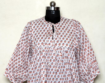 Handmade Floral Print Cotton Dress - Indian Block Print Midi