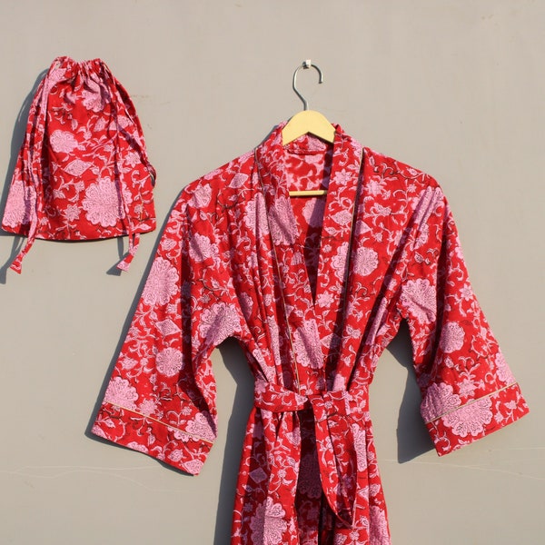 Pure Cotton  Red  Floral Indian Block print House Robe Summer Cotton Kimono Dressing Gown Coverup/Comfy Night  Maternity Mom Gift Geometric