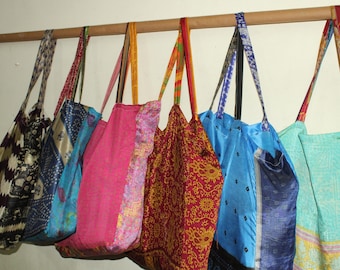 Groothandel partij vintage zijden boodschappentas, milieuvriendelijke tas, dagelijkse schoudertas, marketingtas, kleurrijke zijden tassen met meerdere ontwerpen, draagtas,