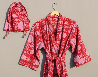 Pure Cotton  Red  Floral Indian Block print House Robe Summer Cotton Kimono Dressing Gown Coverup/Comfy Night  Maternity Mom Gift Geometric