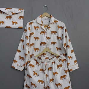 Indian handmade cotton pyjama set, tiger print pjs, summer wear pyjama, women pyjama set, personalised wedding pj set, matching pyjama set.